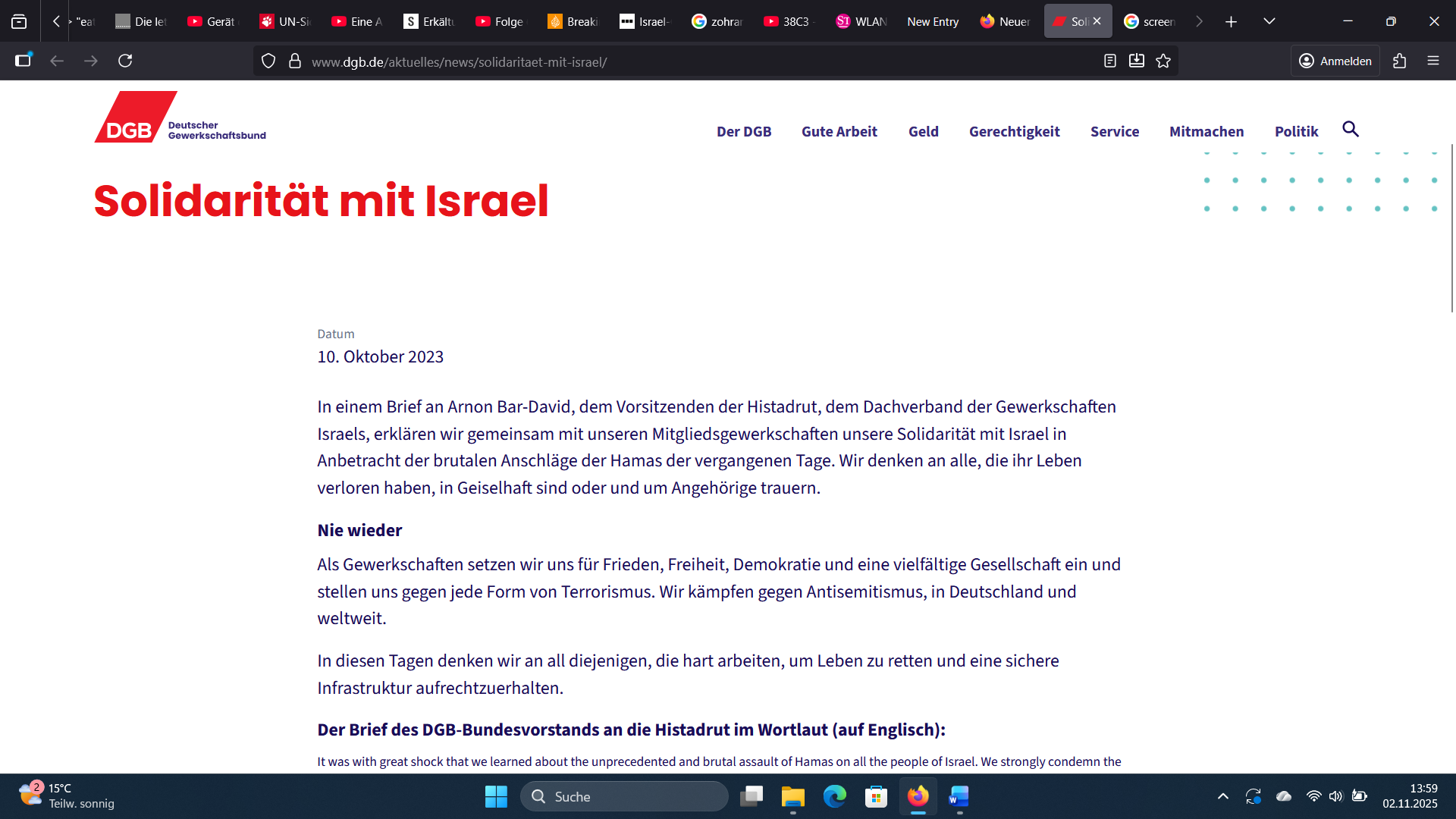 Deutscher Gewerkschaftsbund steht hinter Israel und der Histadrut