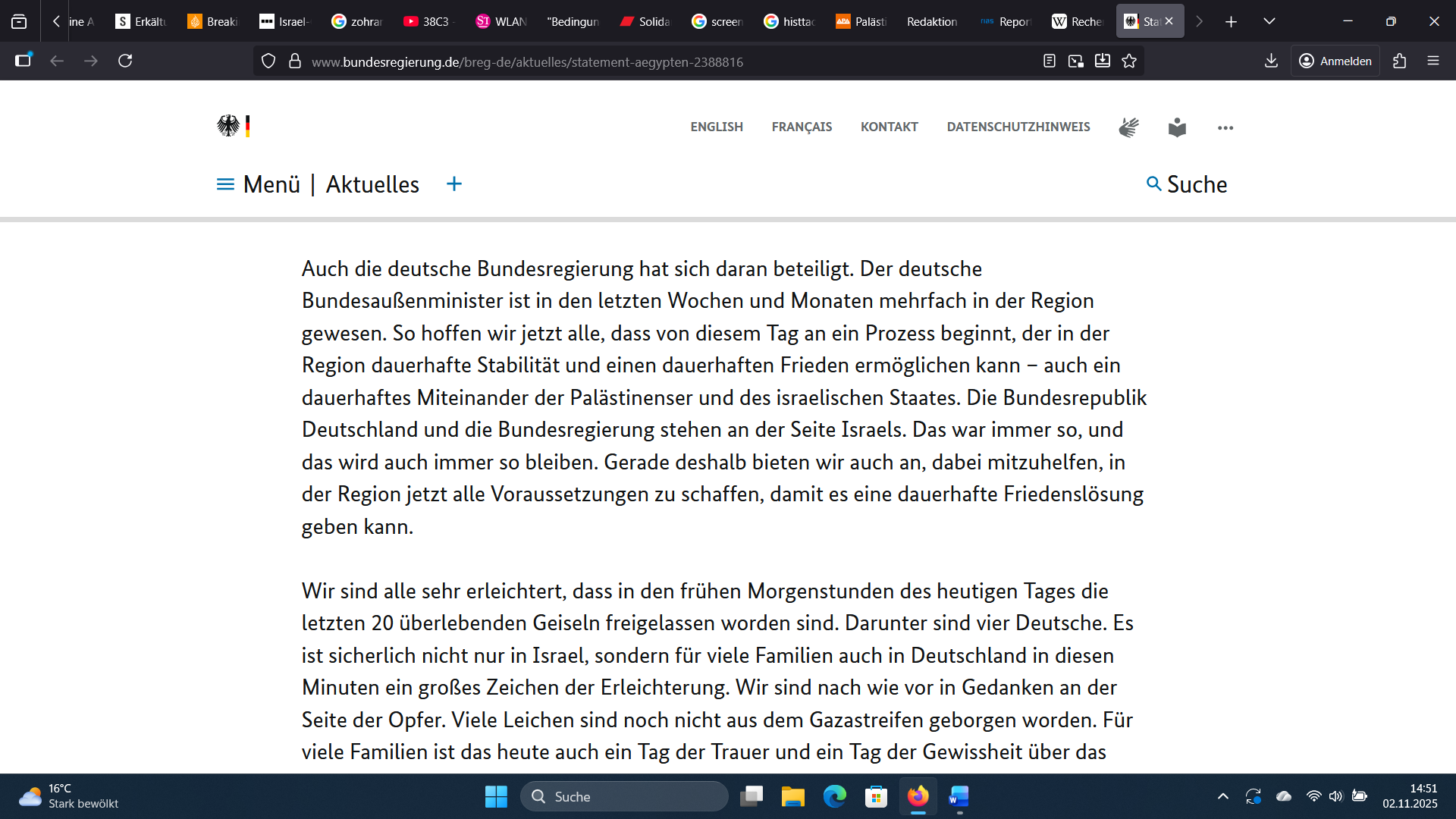 Pressestatement des Bundeskanzler Friedrich Merz am 13.10.2025 in Scharm el Scheich